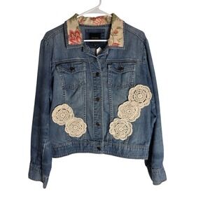 Limited Denim Jacket Floral Accents Crocheted Details Jean Jacket L Upcycled